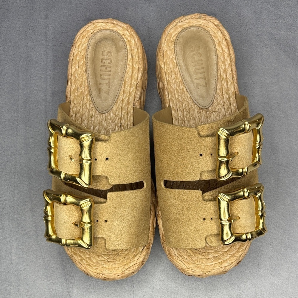 Schutz Raffia Platform Slide Sandals Gold Bamboo Buckle Tan Size 6.5